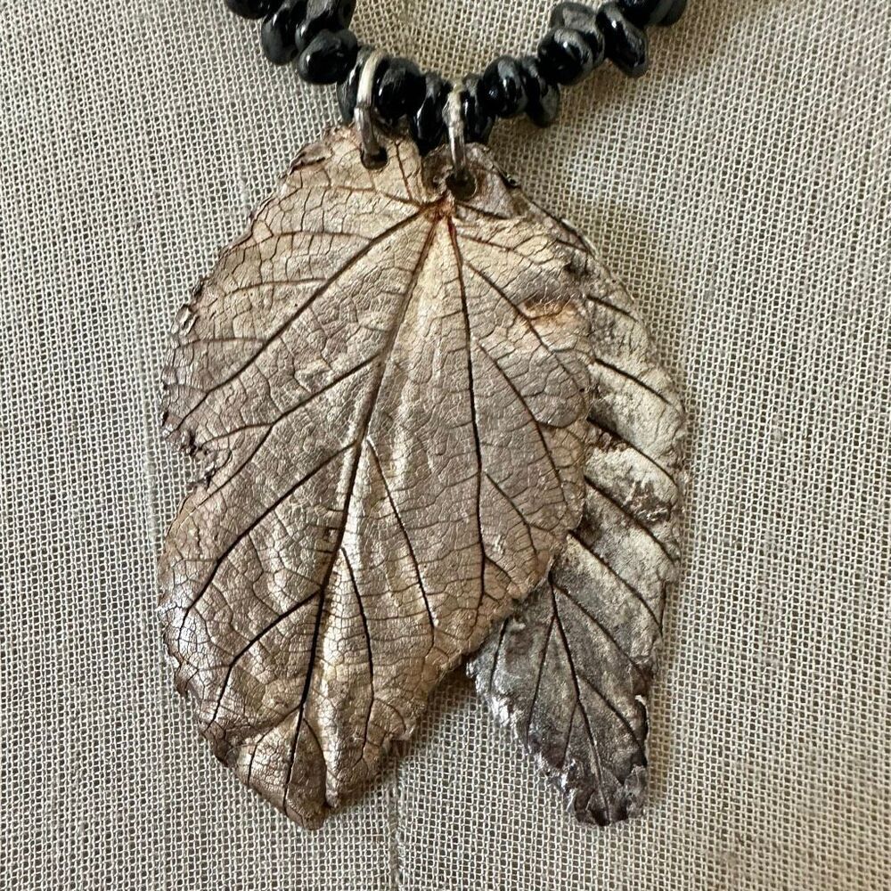 Artisan Hematite Bead Necklace with Electroplated Leaf Pendant - Picture 8 of 13